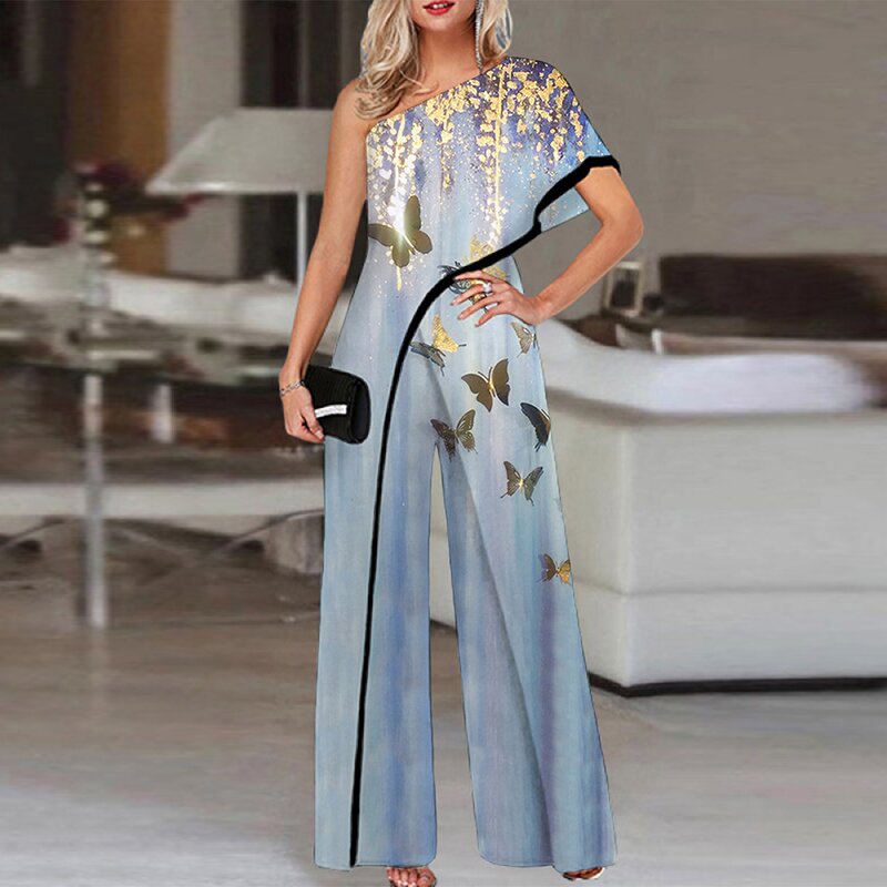 Fashion oblique collar butterfly print jumpsuit