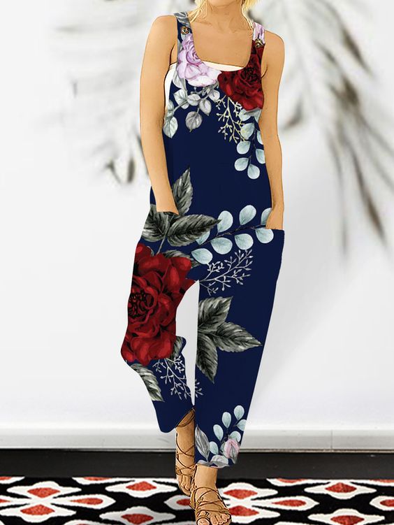 Art Navy Vintage Printed Shoulder Strap Patchwork Pocket Jumpsuit