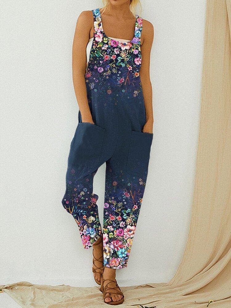 Blue Casual Floral Cotton-Blend One-Pieces